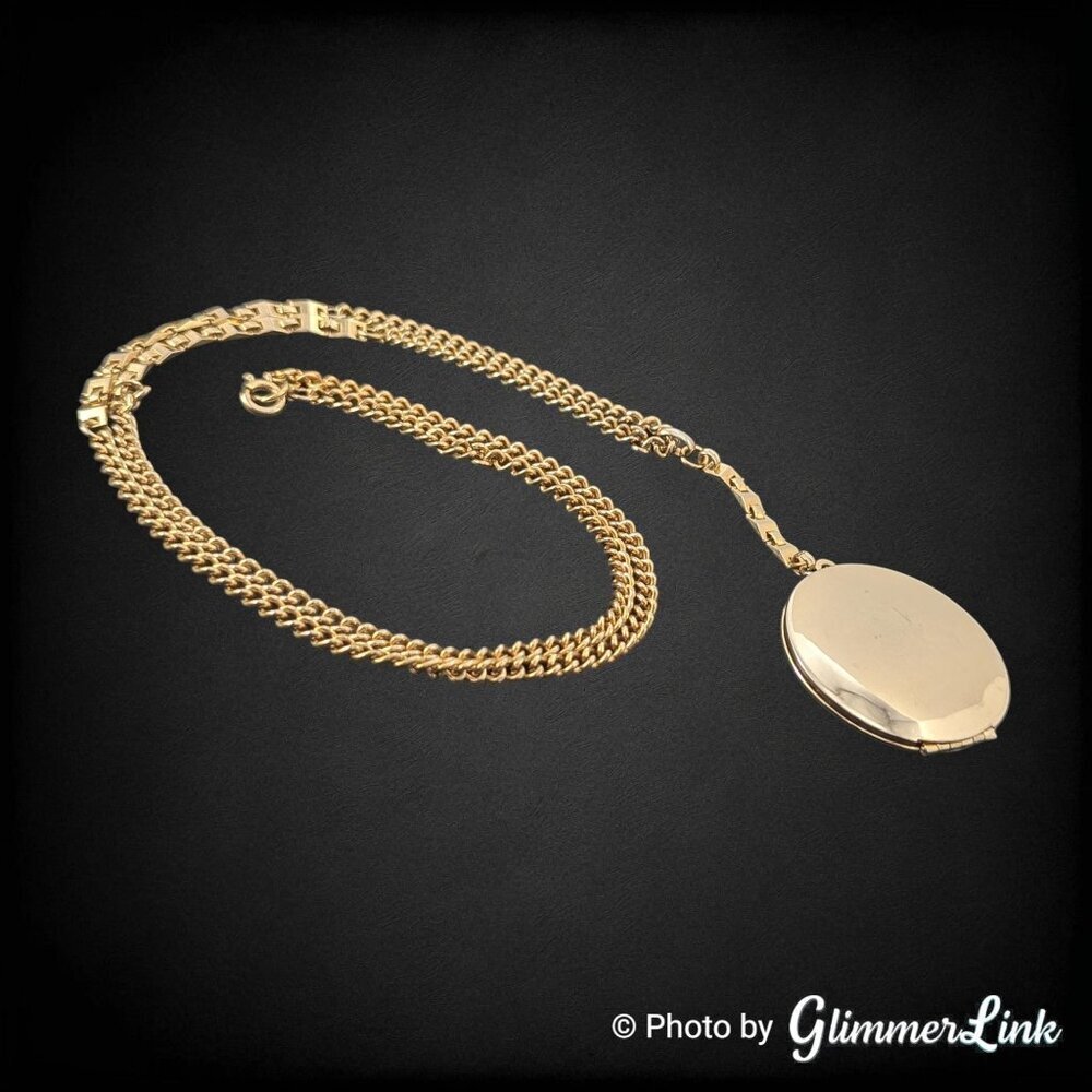 Vintage Gold Tone Engravable Locket Y Drop Necklace Long Locket Chain - Picture 9 of 16